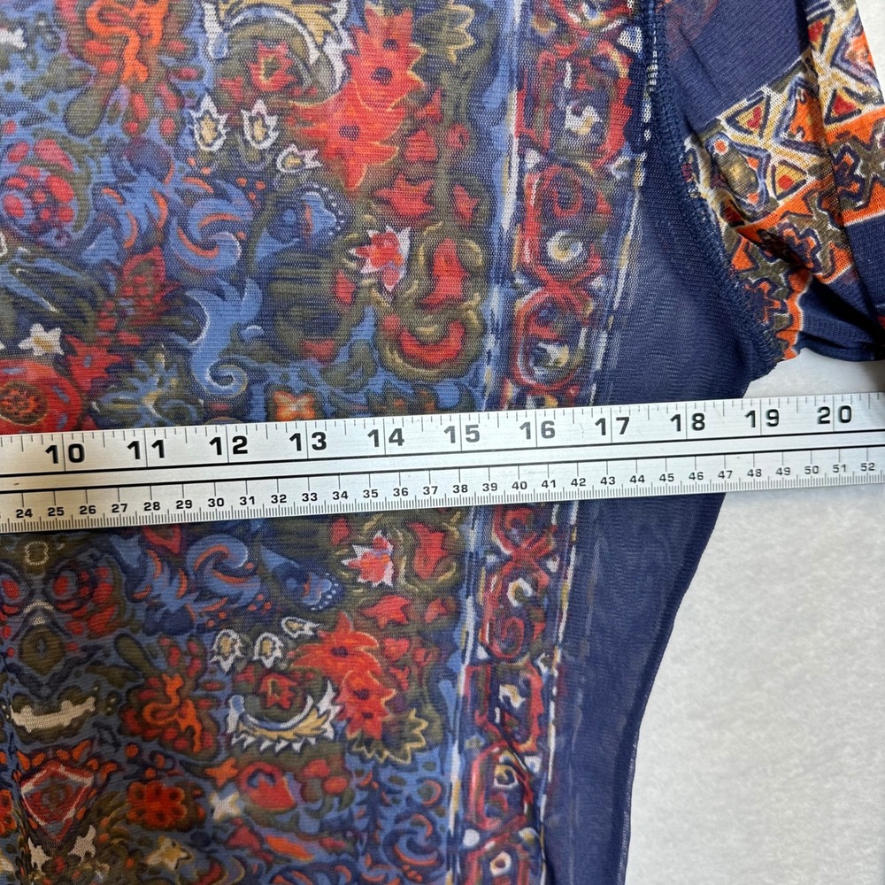 New York & Company Mesh Top Women L Blue Tapestry Print Sheer Long Sleeve - Picture 9 of 9